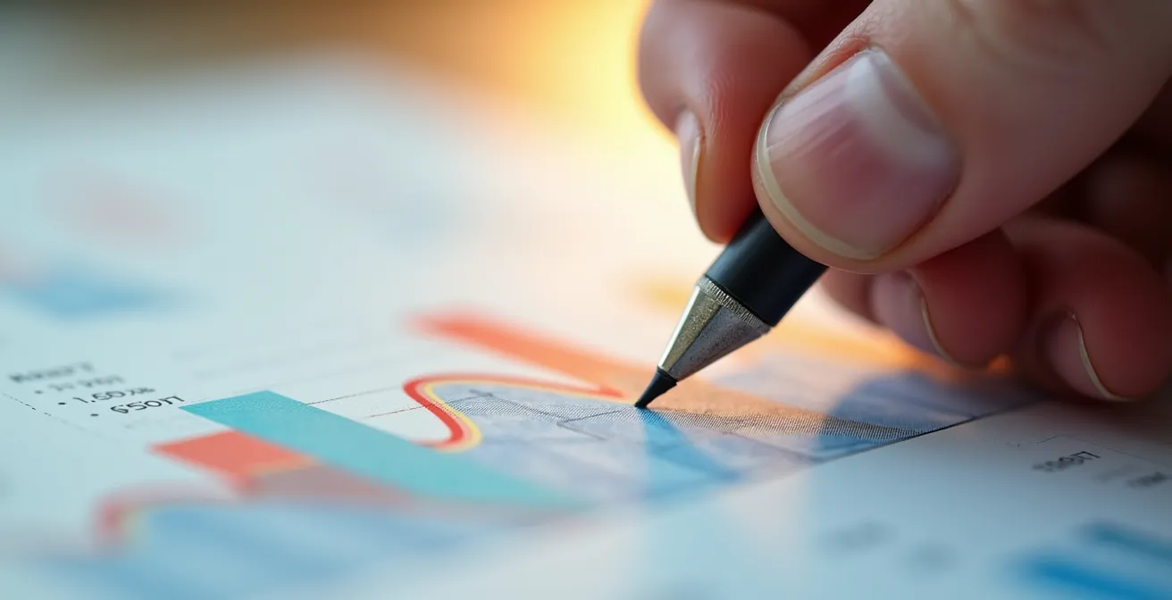 Axe Macro & Textural : Détail rapproché d'une main analysant des graphiques énergétiques colorés