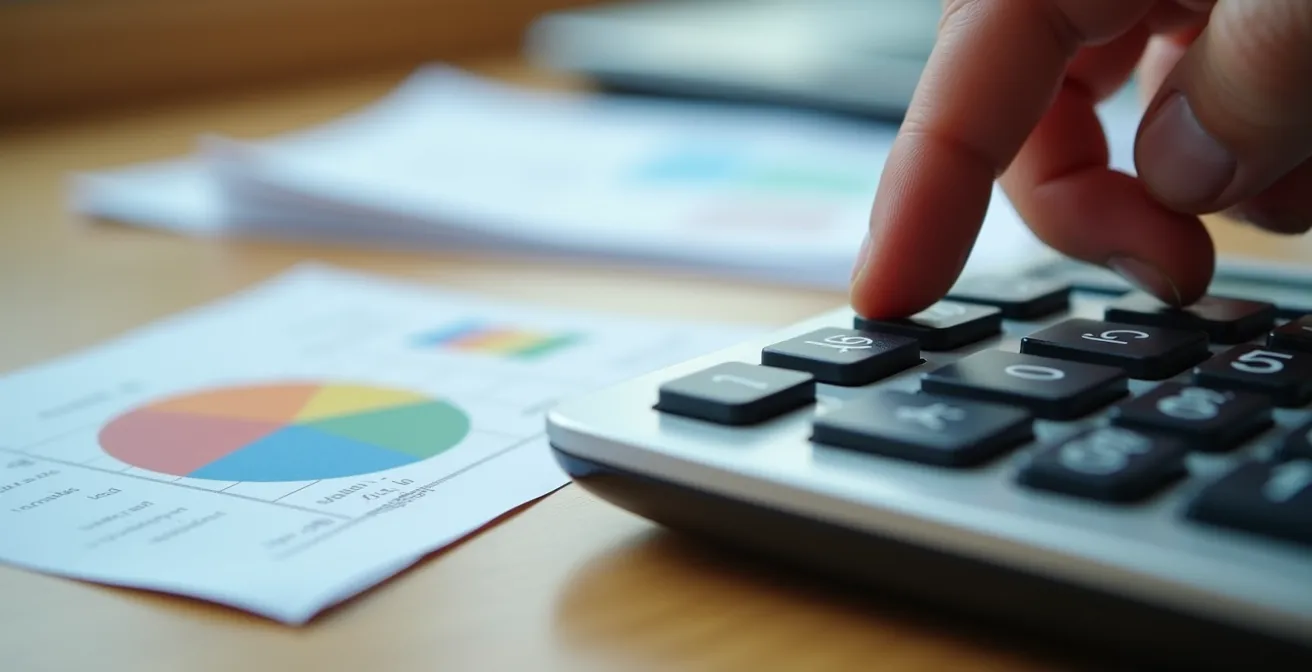 Bureau moderne avec calculatrice, factures et graphiques comparatifs sur un bureau en bois