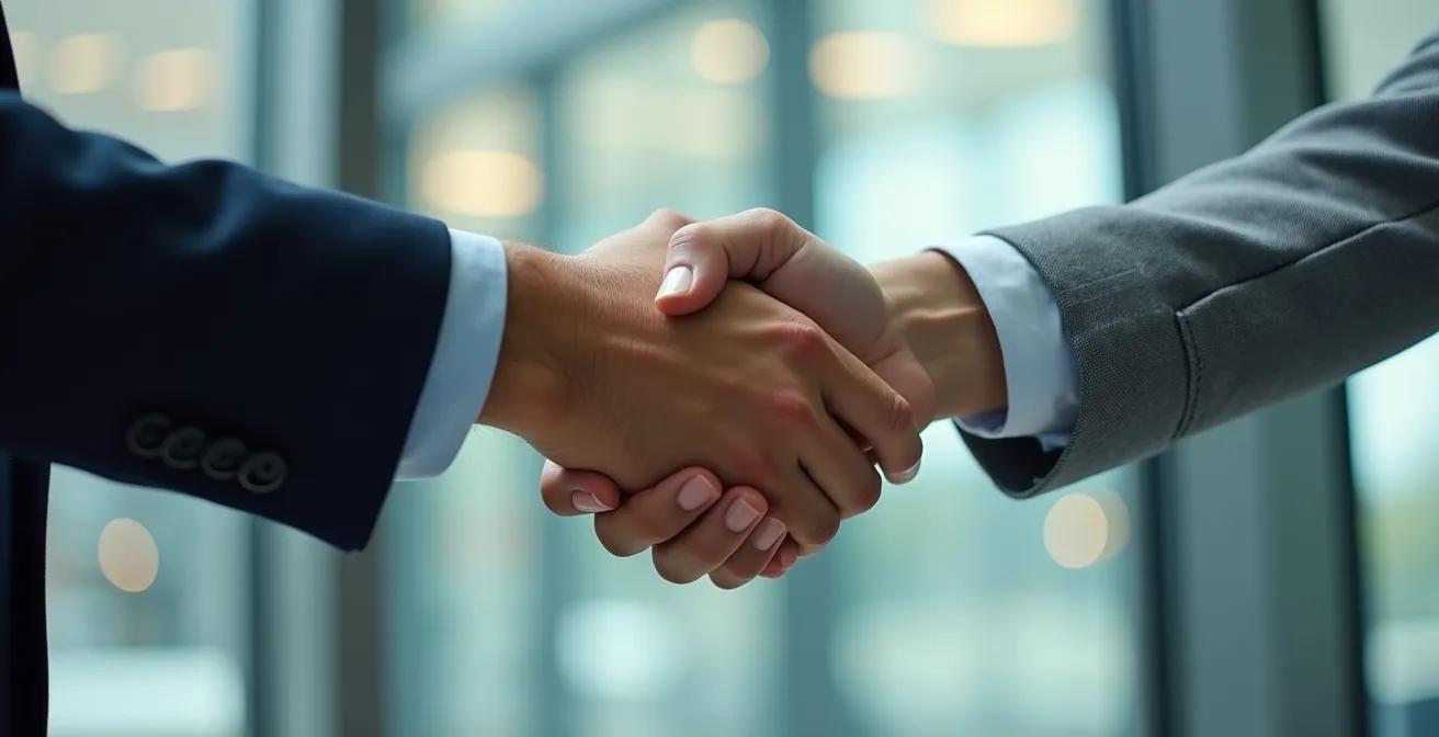 Poignée de main professionnelle entre deux personnes dans un environnement de bureau