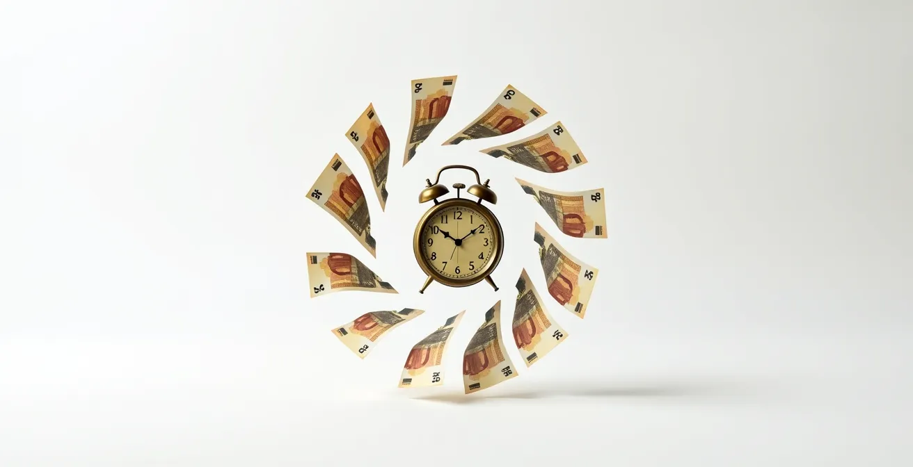 Horloge ancienne avec billets euros s'envolant dans différentes directions temporelles