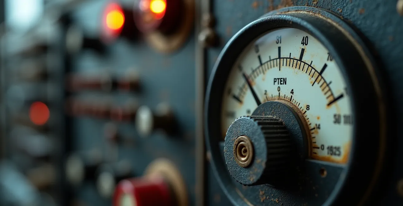 Gros plan sur un compteur électrique professionnel montrant les réglages de puissance