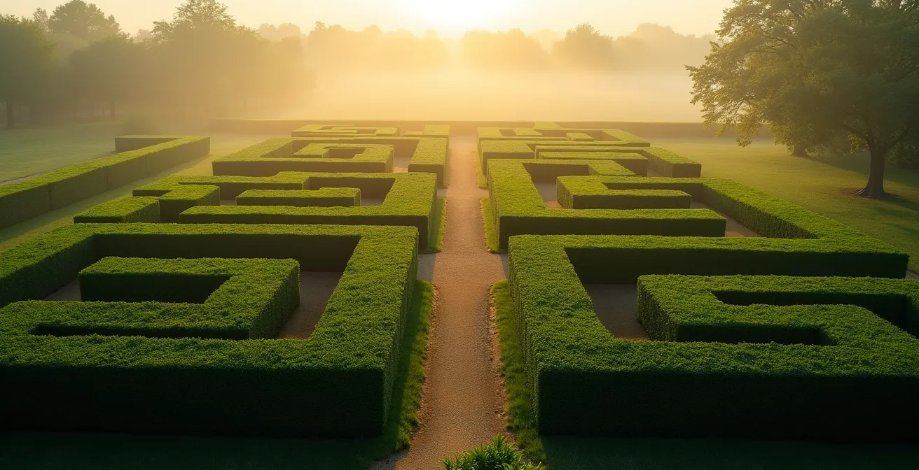 Vue aérienne d'un labyrinthe végétal complexe symbolisant la navigation dans le marché de l'énergie
