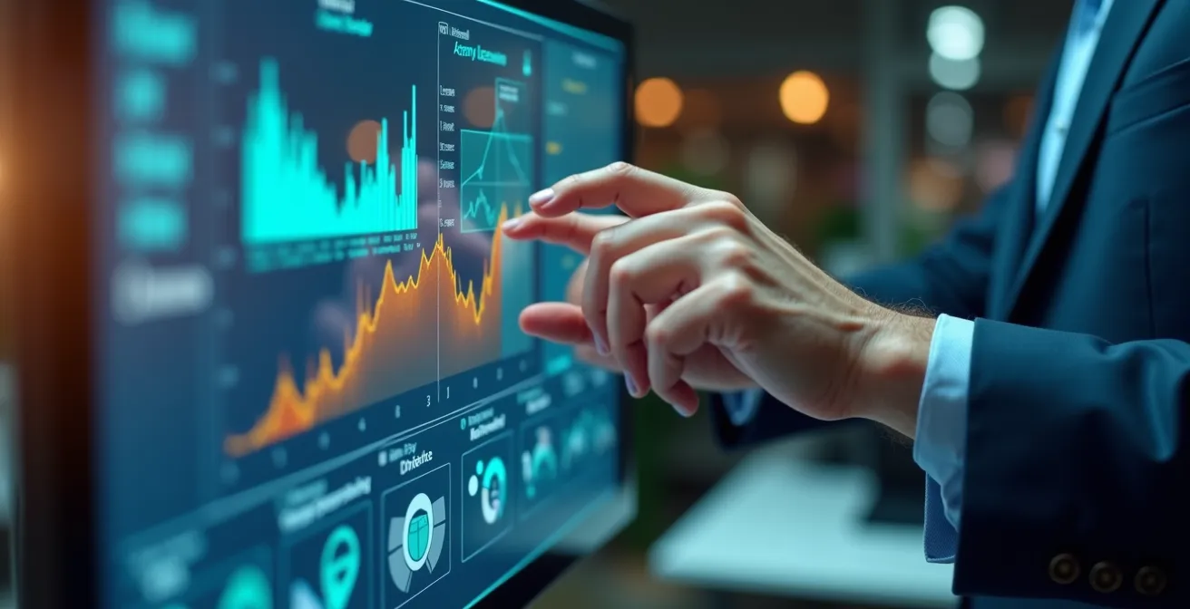 Employé analysant des données énergétiques en temps réel sur tableau de bord moderne