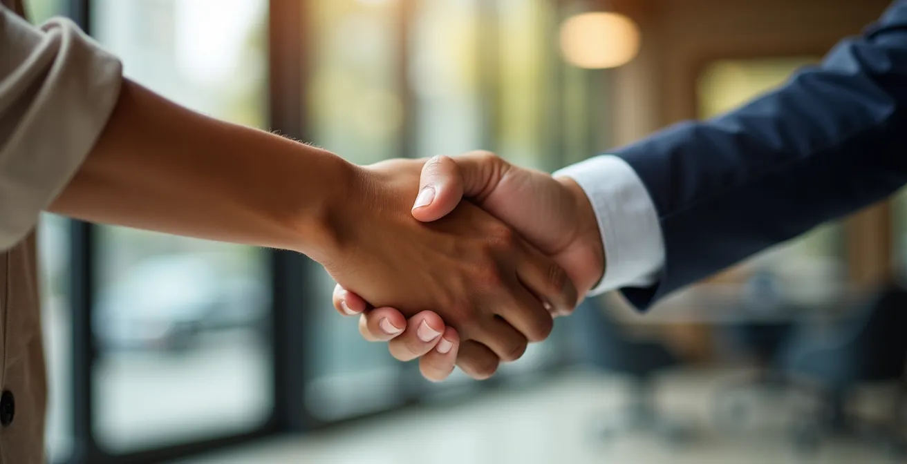 Axe Humain & Émotionnel : Poignée de main professionnelle symbolisant la confiance entre partenaires