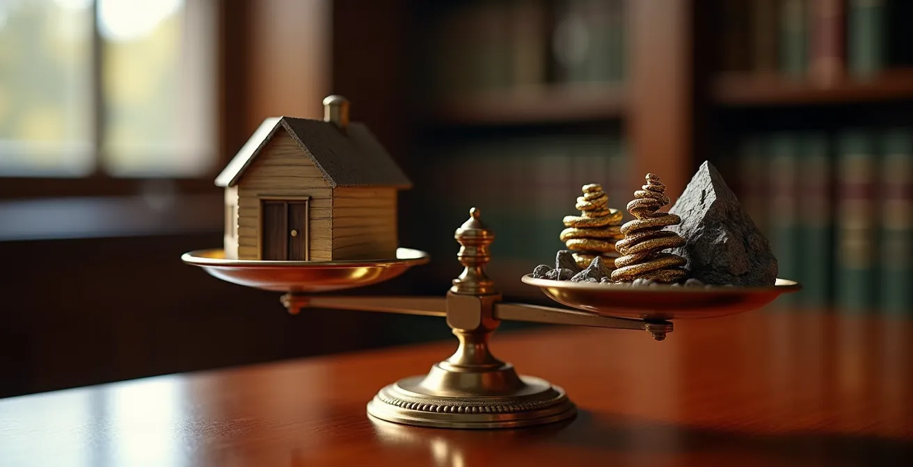 Mains professionnelles examinant une balance de justice avec éléments énergétiques symboliques