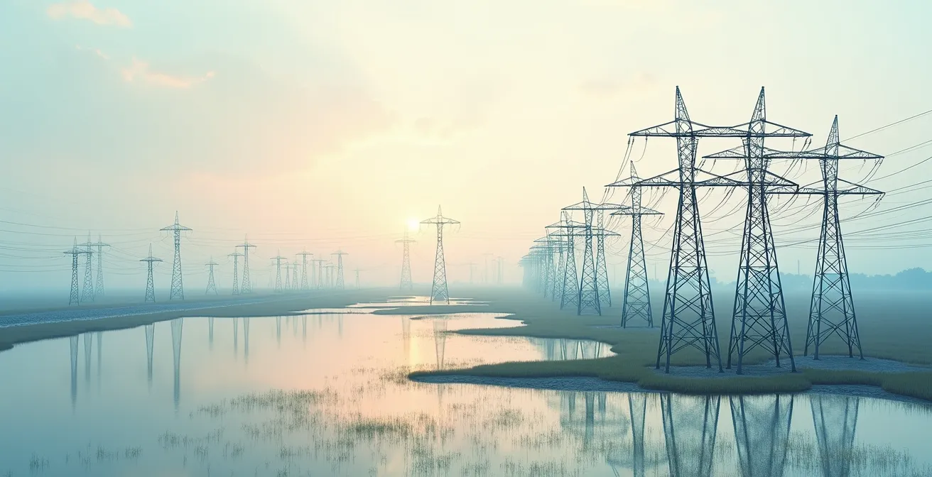 Vue aérienne d'un réseau électrique avec zones colorées représentant différentes offres tarifaires