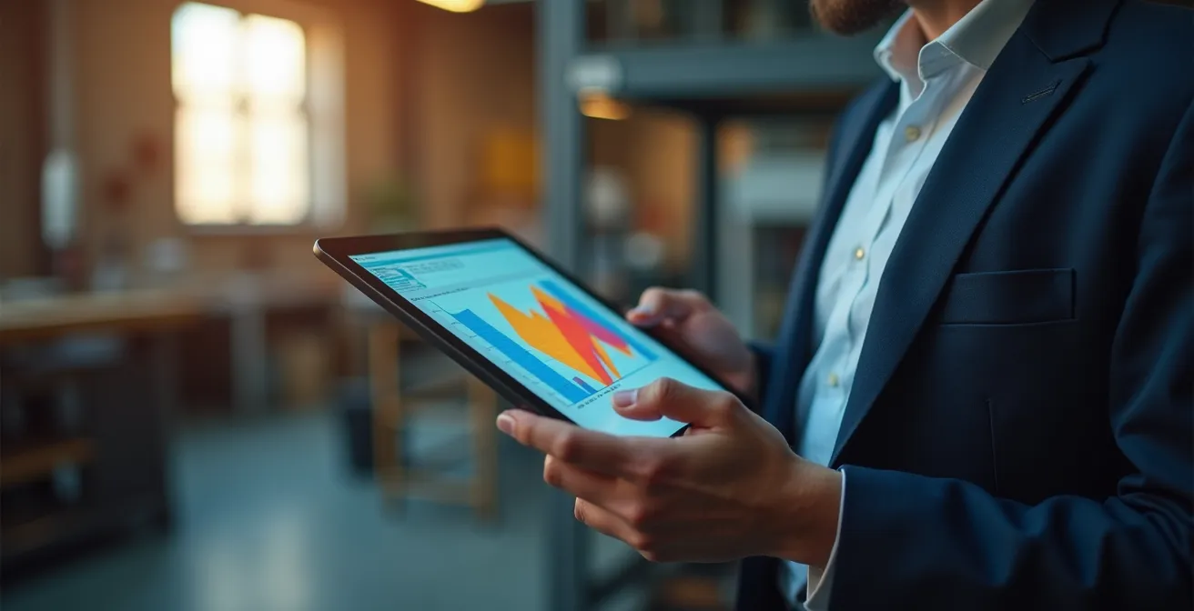 Professionnel analysant des données de consommation sur tablette avec graphiques