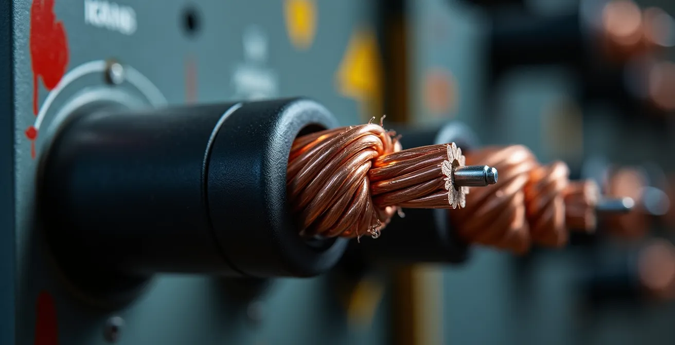 Main d'expert analysant un tableau électrique triphasé avec pince ampèremétrique