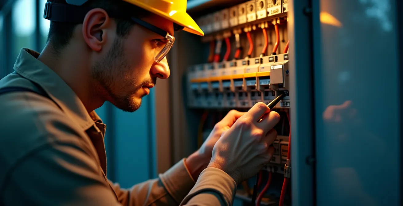 Électricien professionnel vérifiant un tableau électrique triphasé avec outils de mesure
