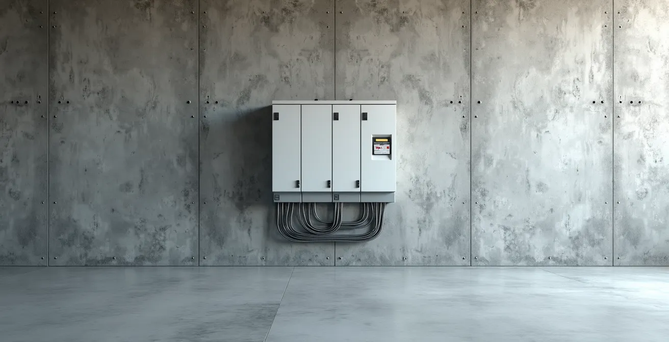 Vue d'ensemble d'un tableau électrique triphasé avec répartition équilibrée des circuits