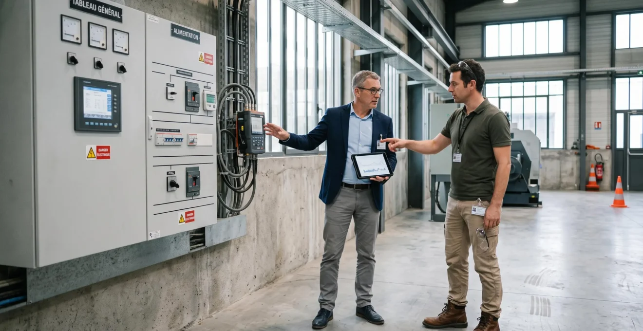 Consultant énergétique et responsable d'entreprise discutant près d'une installation électrique professionnelle dans un bâtiment industriel français