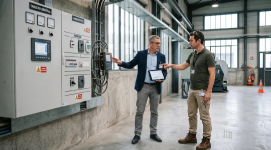 Consultant énergétique et responsable d'entreprise discutant près d'une installation électrique professionnelle dans un bâtiment industriel français