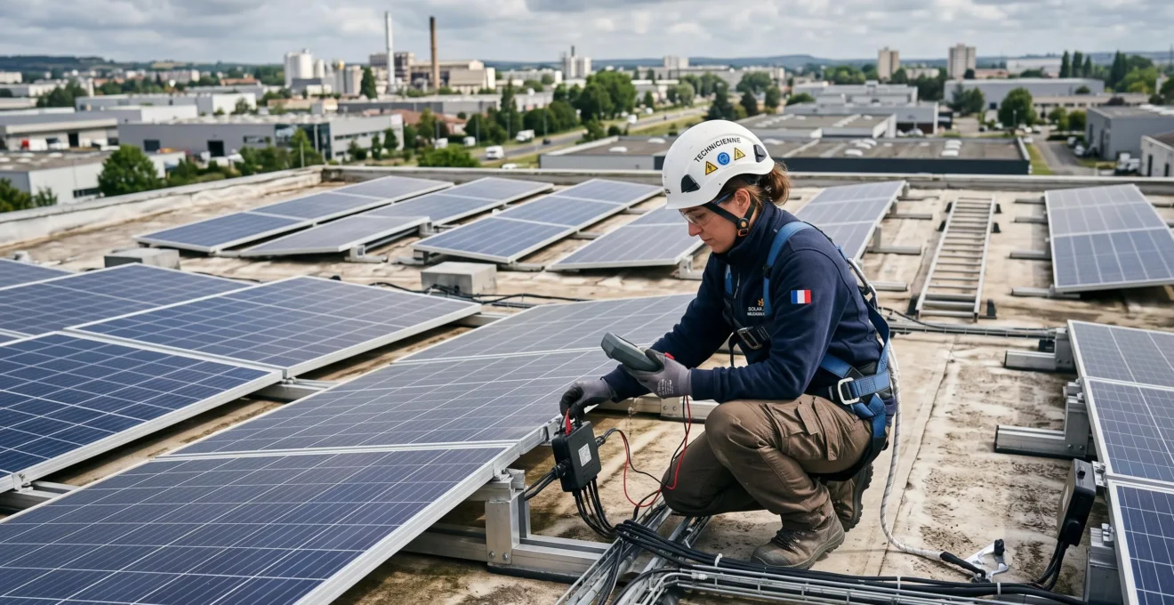 Technicien réalisant une vérification de maintenance sur une installation de panneaux solaires photovoltaïques sur le toit d'un bâtiment commercial français