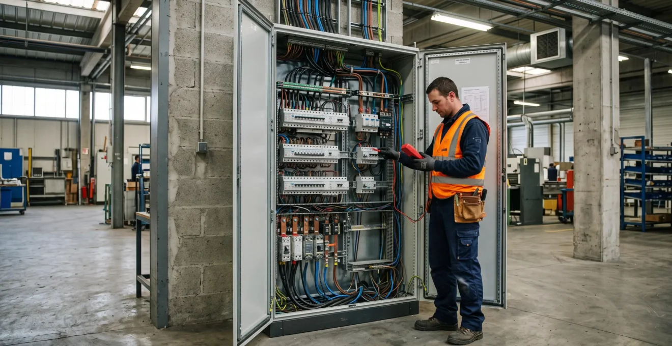 Technicien effectuant des mesures électriques sur une armoire de distribution industrielle ouverte dans une installation professionnelle française