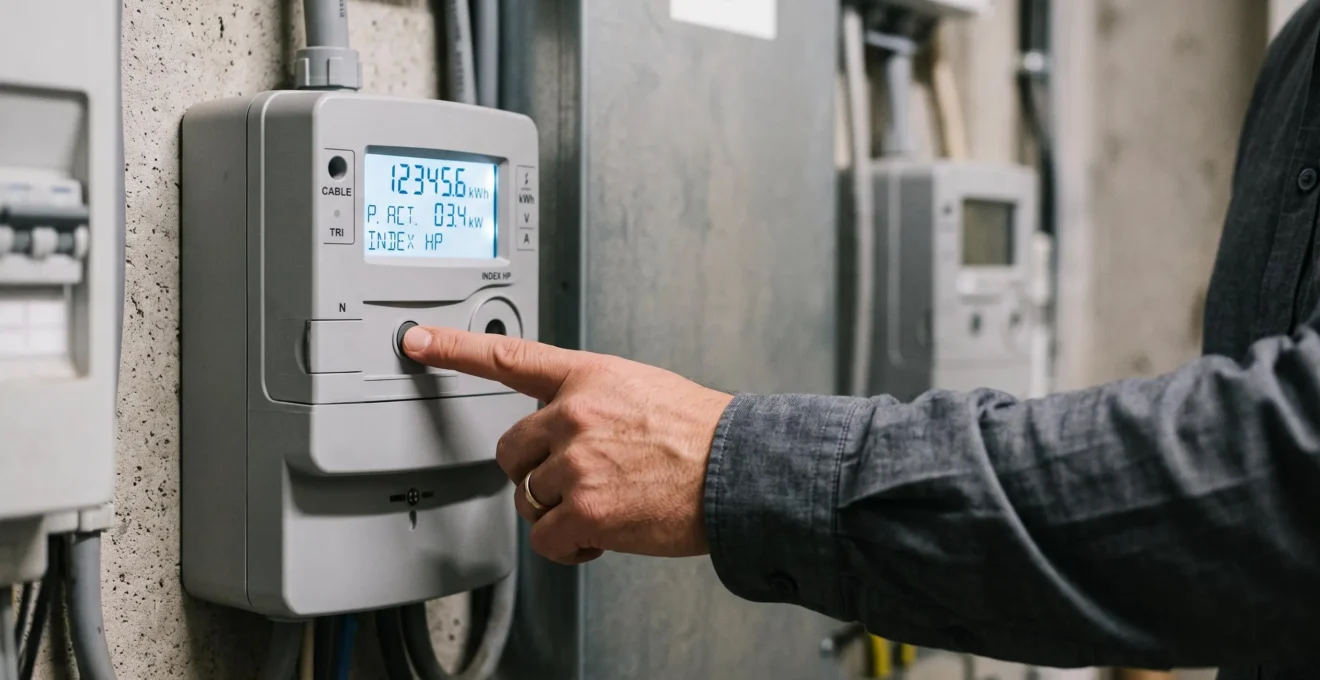 Main d'un responsable vérifiant les données d'un compteur électrique intelligent professionnel installé dans un local technique